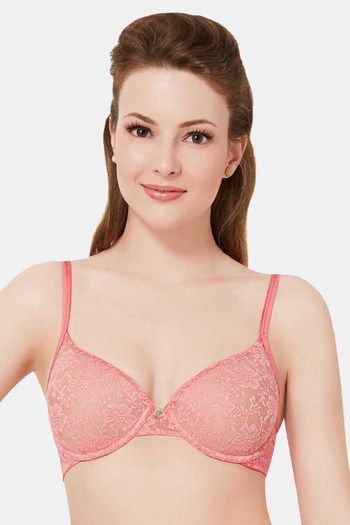 Buy Amante Padded Wired Medium Coverage Lace Bra - Sesame Salmon Rose